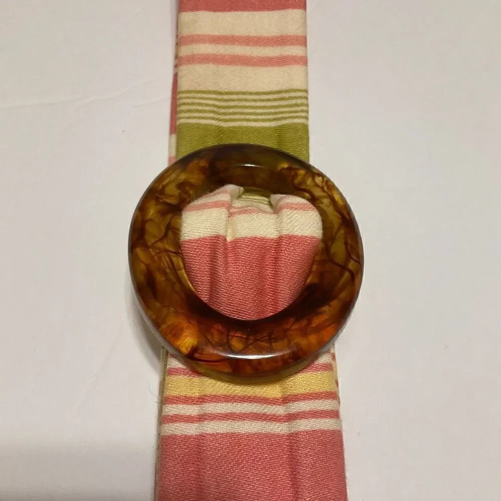 Eliza B Preppy Fabric Striped Belt with Slide Tortoise Shell Buckle, Small